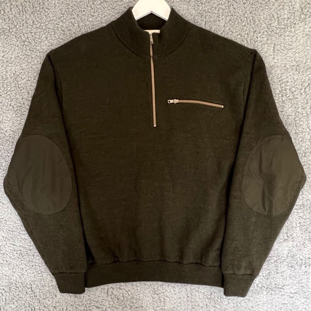 Cabela's 100% Wool Sweater Green XL Elbow Patch Windproof Lined Gorpcore